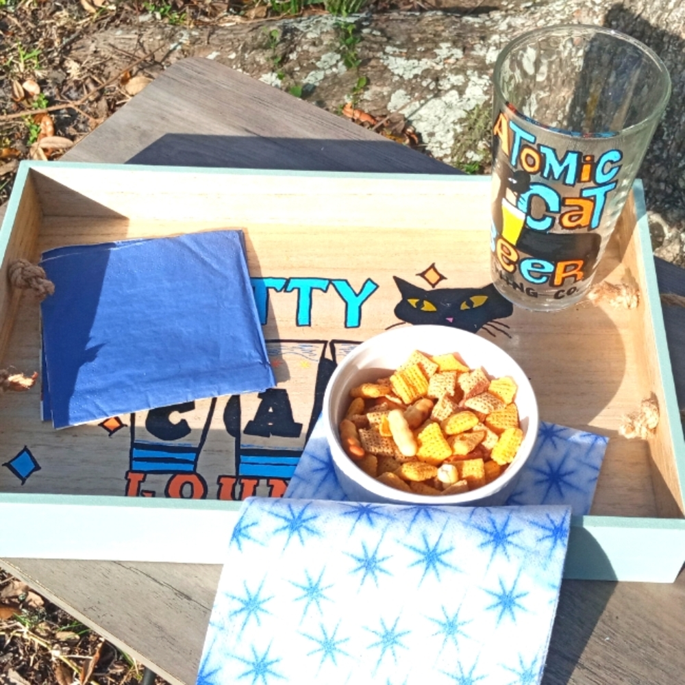 Handpainted midcentury modern inspired wooden serving tray kitty cat lounge